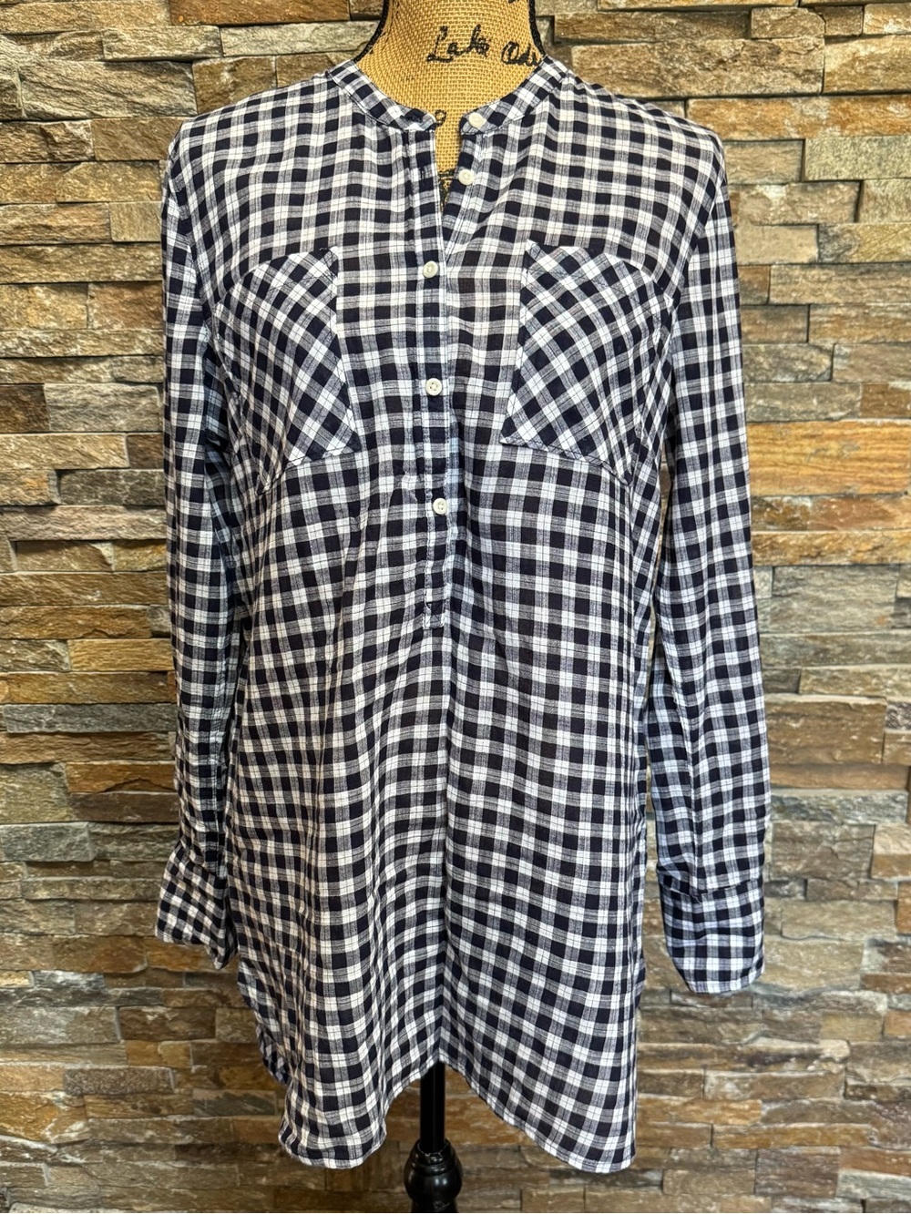 Merona Blue White Check L/S Sleeve Tunic Top Women Lrg Nautical Preppy Coastal